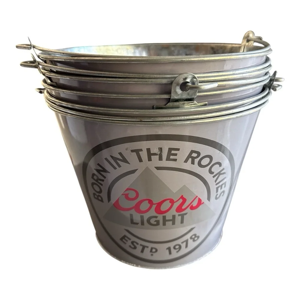 Coors Light Beer 5 Quart Metal Galvanized Ice Buckets Double‎ Side Gray LOT OF 5